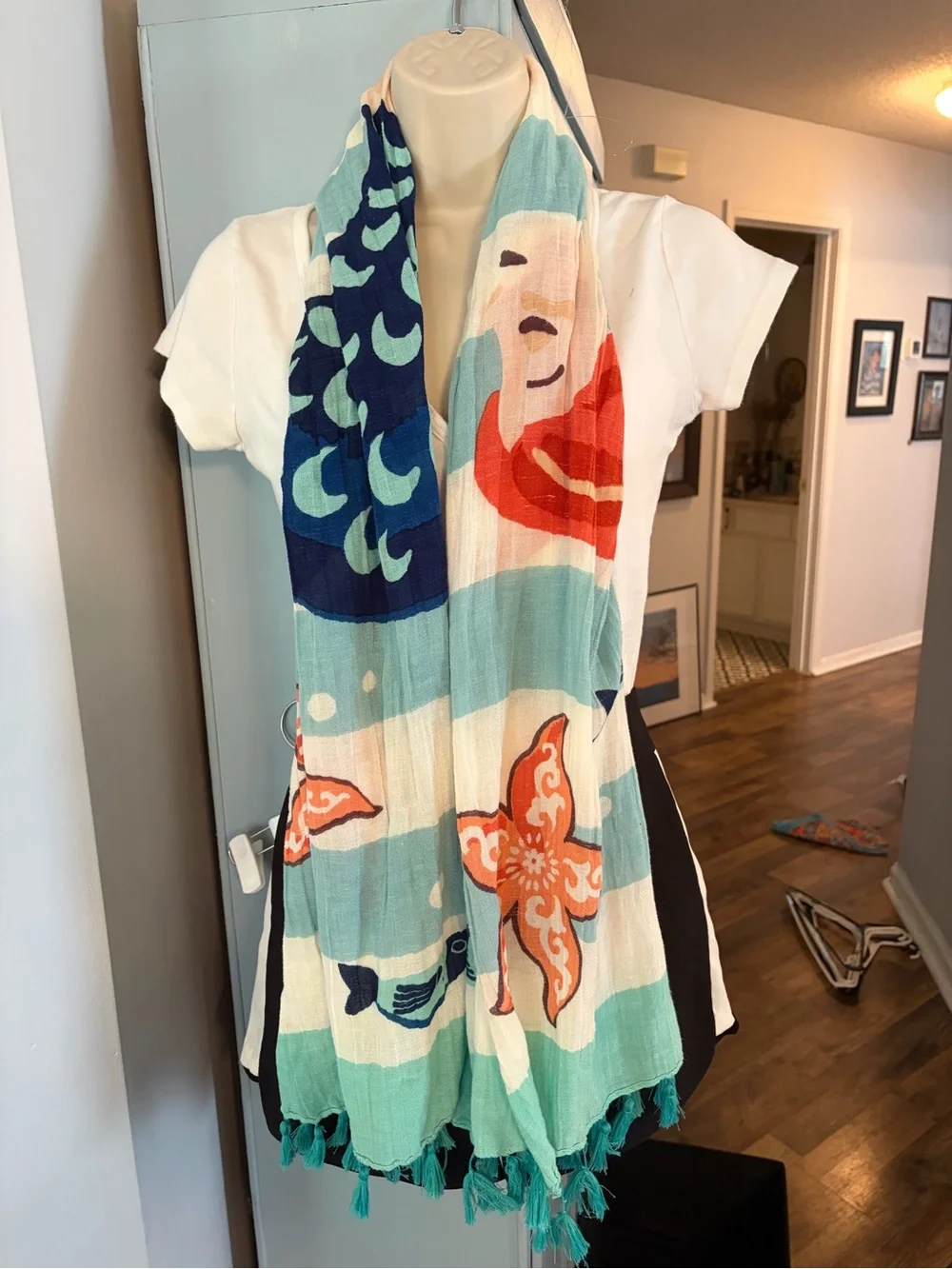 Spartina 449 Teal Navy Coral Fish Motif Linen Wrap